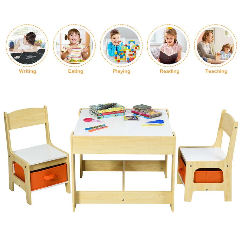 3-in-1 Kids Wood Table Chairs Set with Blackboard & Storage Drawers, Children Multi Activity Table for Learning Playing Drawing