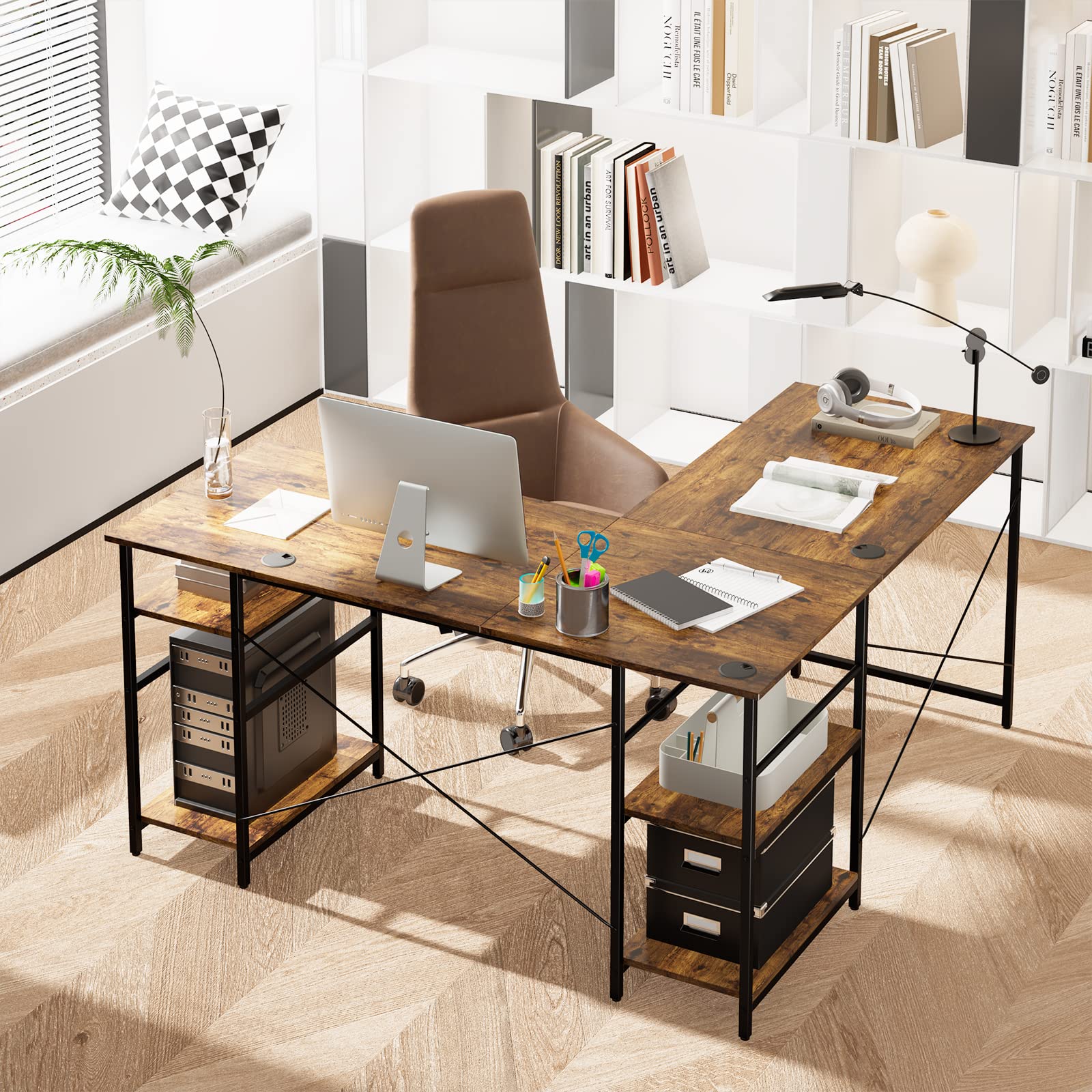 Giantex L-Shaped Desk with Storage Shelves, 242cm Wooden Corner Desk