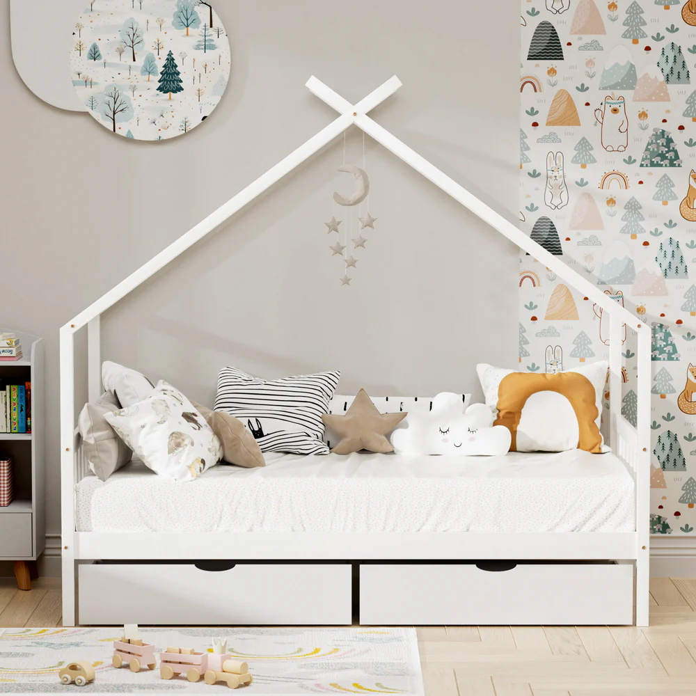 Artiss Bed Frame Wooden Base Kids Single Timber House  with 2 Storage Drawers Beds White