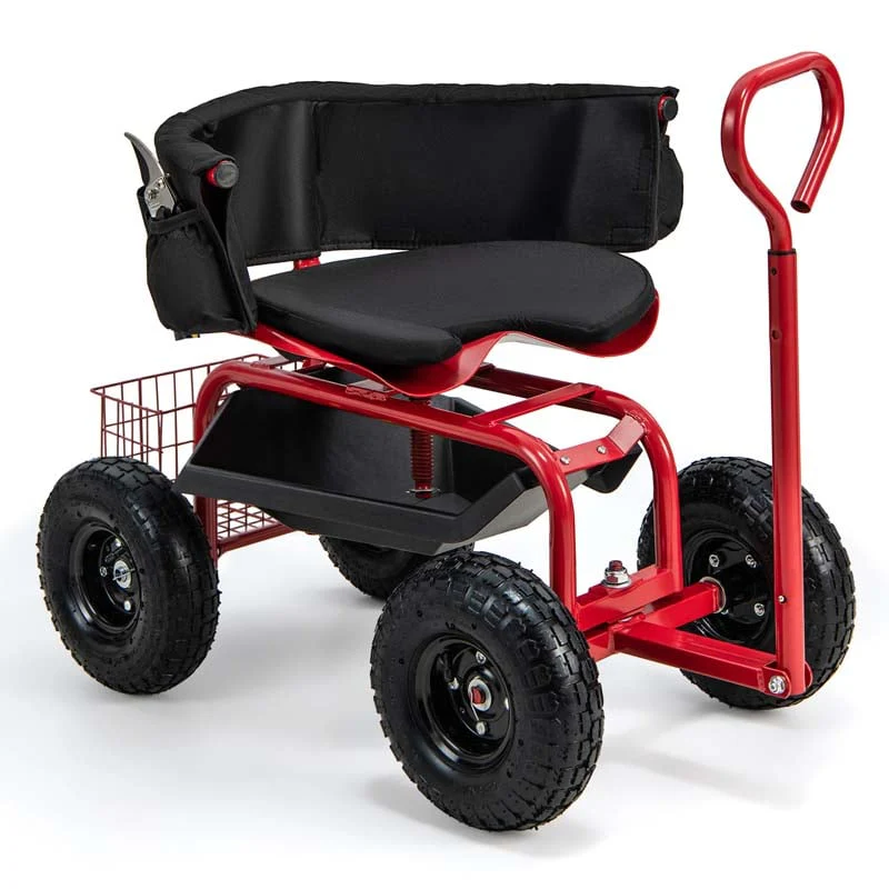 Cushioned Rolling Garden Cart Workseat Yard Wagon Scooter with Storage Basket & Extendable Steering Handle