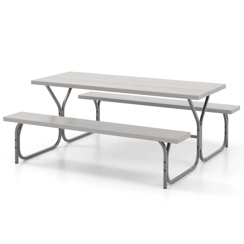 6 FT 8-Person Outdoor Large Picnic Table Bench Set with Umbrella Hole, Metal Frame, All-Weather HDPE Tabletop