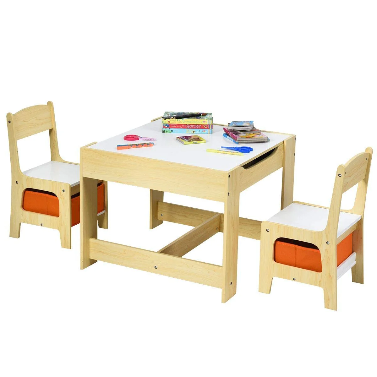 3-in-1 Kids Wood Table Chairs Set with Blackboard & Storage Drawers, Children Multi Activity Table for Learning Playing Drawing