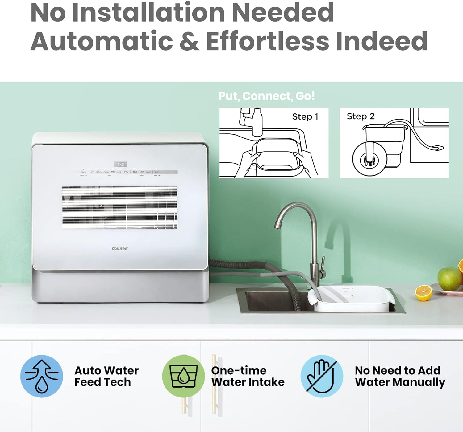 COMFEE' Portable Dishwasher Countertop with 5L Built-in Water Tank, No Hookup Needed, 6 Programs, 360�� Dual Spray, 192??High-Temp& Air-Dry Function, Mini Dishwasher for RVs, White
