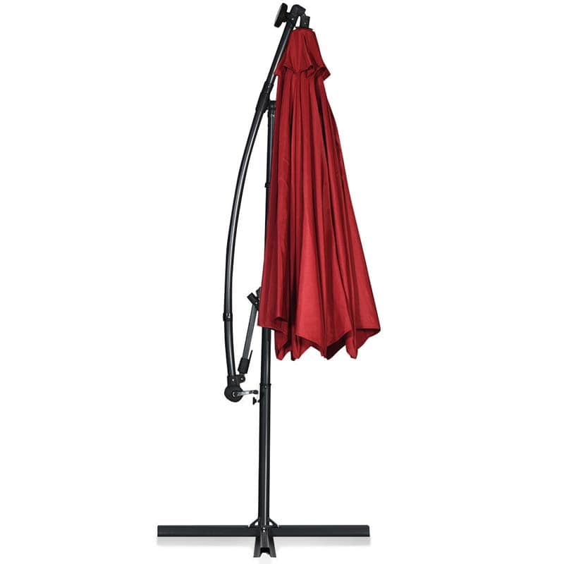 10 FT Patio Offset Umbrella with Solar Lights 360�� Rotation Outdoor Market Umbrella with Crank Handle & Cross Base