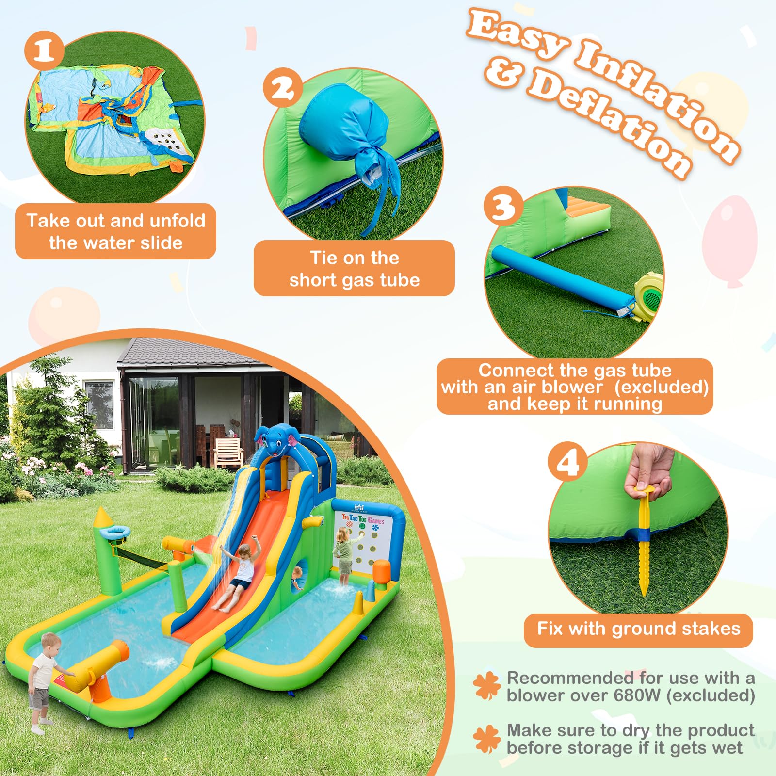 Inflatable Water Slide, 9-in-1 Water Park Jumping Castle W/Ring-toss Game, Volleyball Area, Basketball Hoop