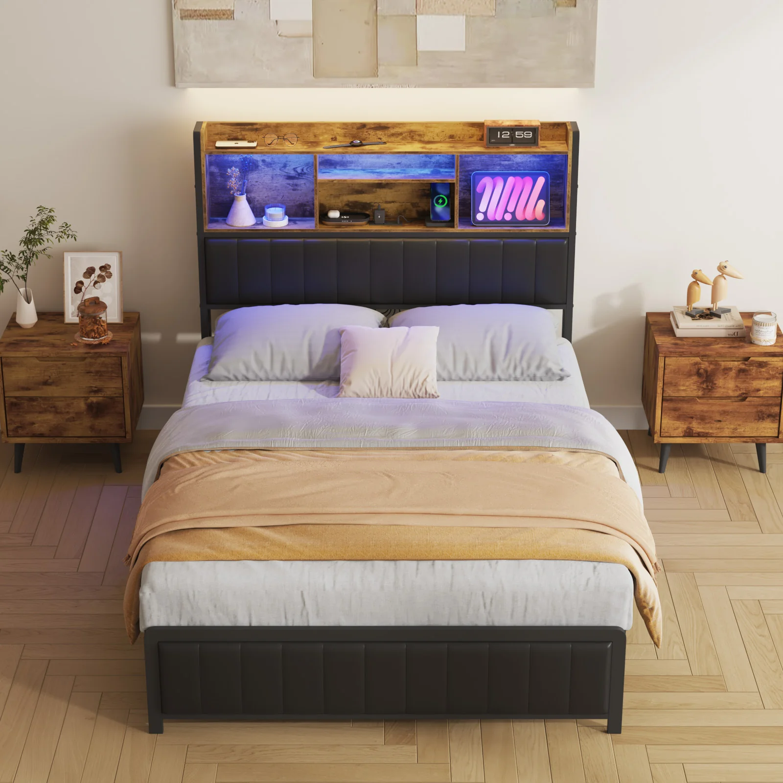 Bed Frame with Charging Station & LED Storage Shelf