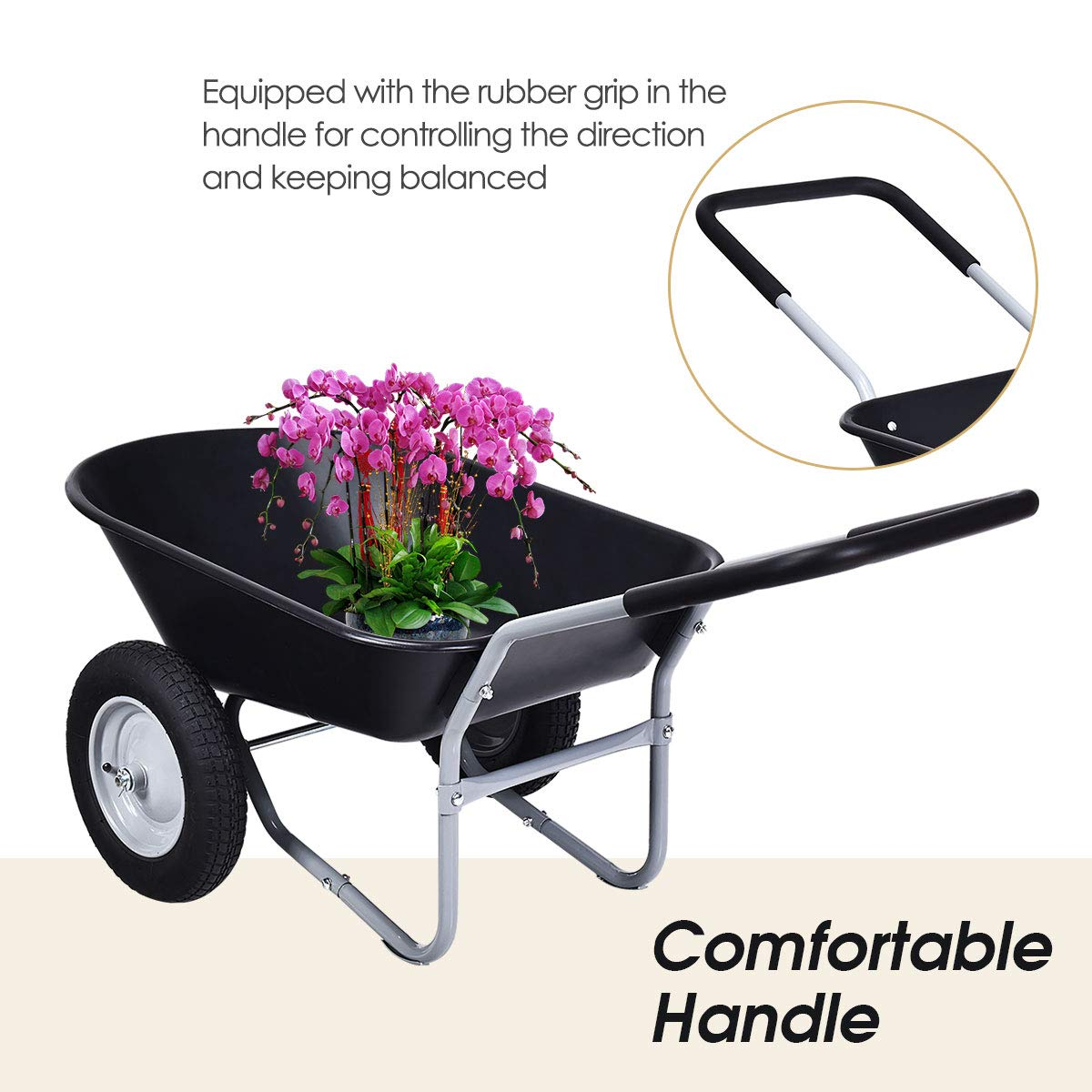 Dual Wheel Wheelbarrow, Heavy Duty Garden Cart, 330 lbs Capacity Utility Cart