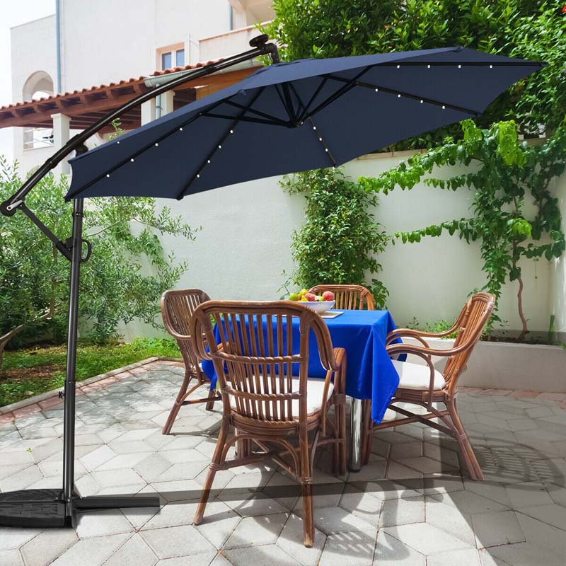 10 FT Patio Offset Umbrella with Solar Lights 360�� Rotation Outdoor Market Umbrella with Crank Handle & Cross Base