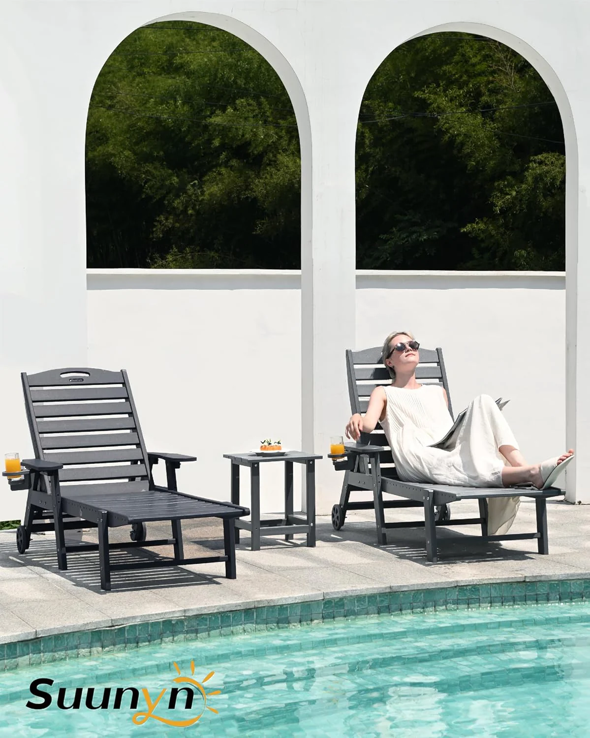 Lounge Chair Outdoor, Chaise Lounge, HDPE 6-Position Outdoor Chaise Lounge, Patio Lounge Chair with Wheels & Cup Holder for Pool Poolside Deck Backyard, Teak