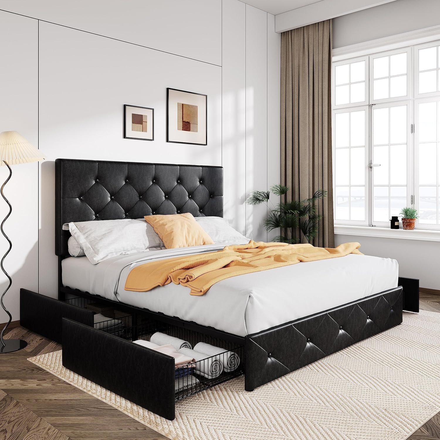 Allewie Upholstered Queen Size Platform Bed Frame with 4 Storage Drawers and Headboard, Square Stitched Button Tufted, Mattress Foundation with Wooden Slats Support, No Box Spring Needed, Light Grey