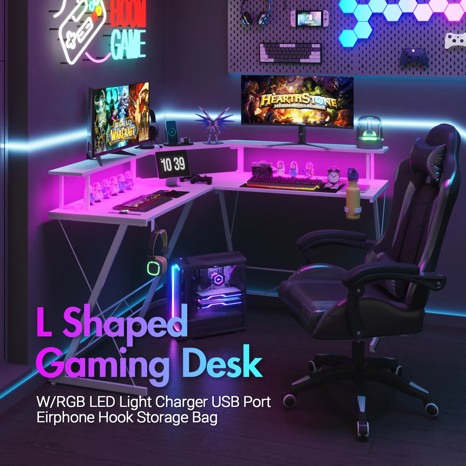 L Shaped Gaming Desk with LED Lights