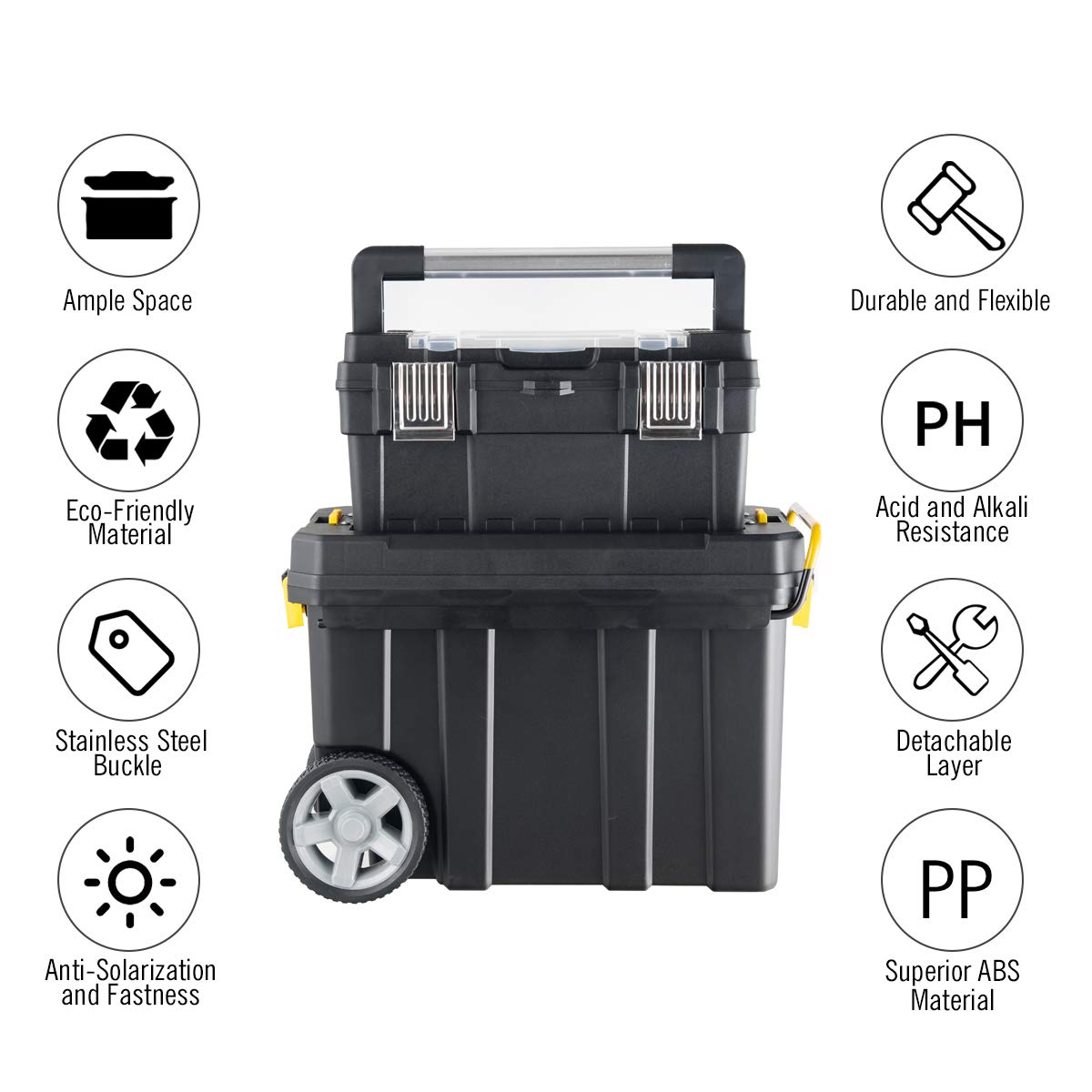 2-in-1 Tool Box Portable Rolling Toolbox Storage Solution Multi-Purpose Plastic Organizer Set