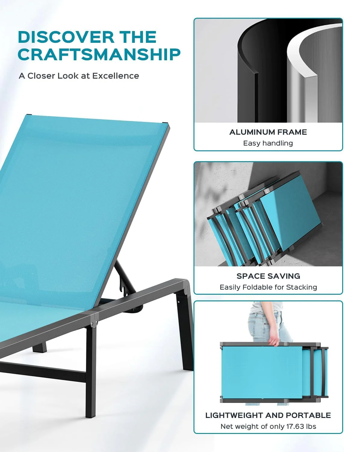 Aluminum Chaise Lounge Ourdoor - Foldable & Assemble Free Outdoor Lounge Chair with 5 Adjustable Backrest, Patio Lounge Chair for Outside Poolside Beach Pool, Black