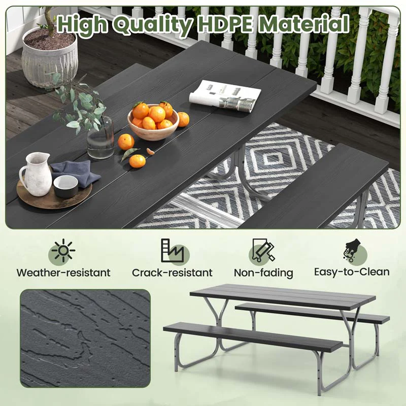 6 FT 8-Person Outdoor Large Picnic Table Bench Set with Umbrella Hole, Metal Frame, All-Weather HDPE Tabletop