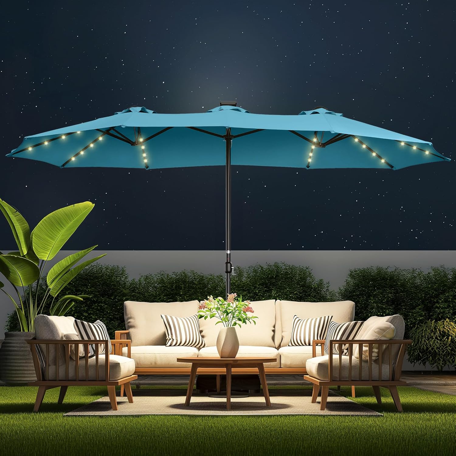 Double Sided Patio Umbrellas - 15ft Solar Lights LED Lighted Outdoor Extra Large Market Table Umbrella with Base Included, Oversized Umbrella for Deck, Pool, Backyard (Beige)