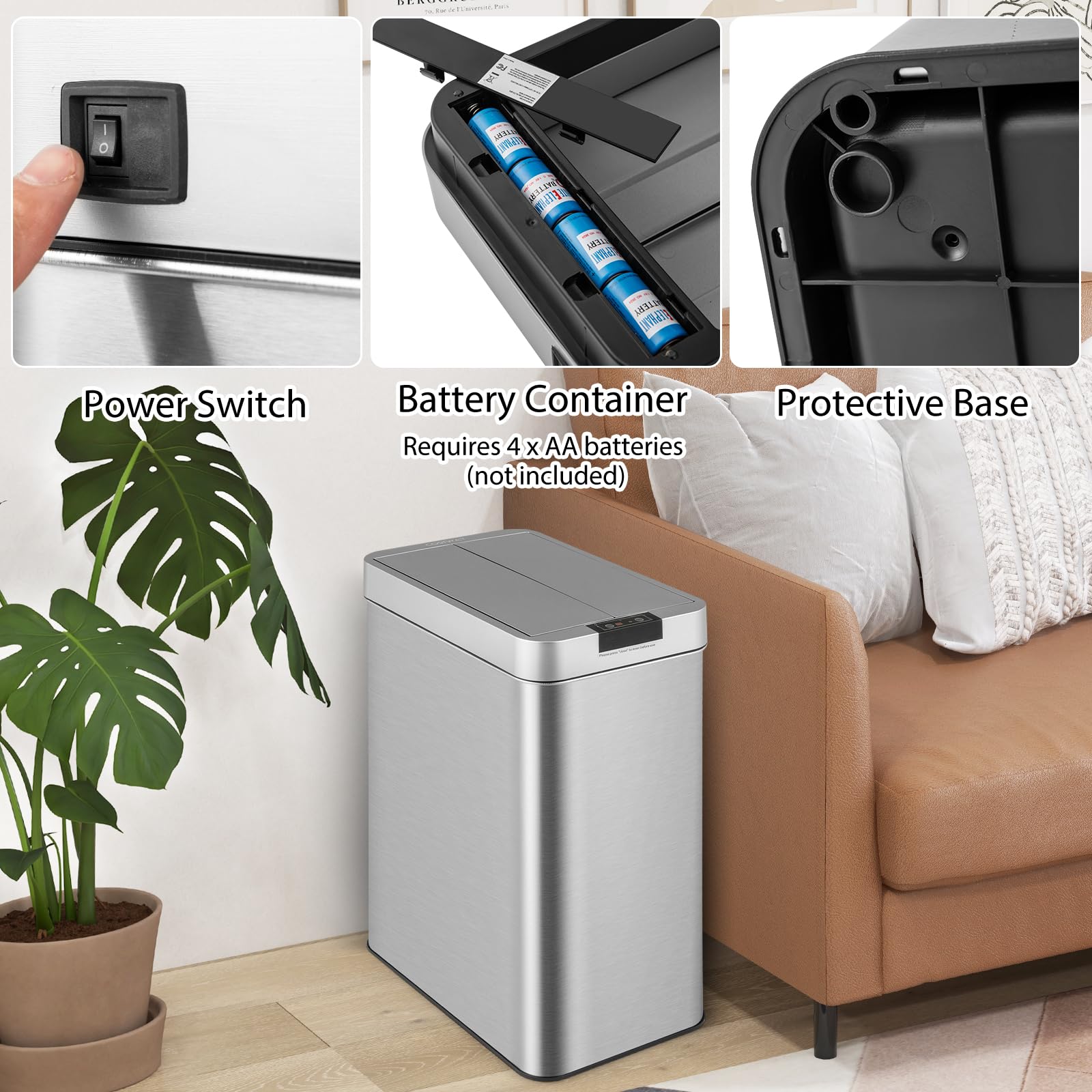 Slim Kitchen Trash Can, 13.2 Gallon Motion Sensor Garbage Bin with Wing Lids, Anti-Fingerprint Touchless Waste Bin