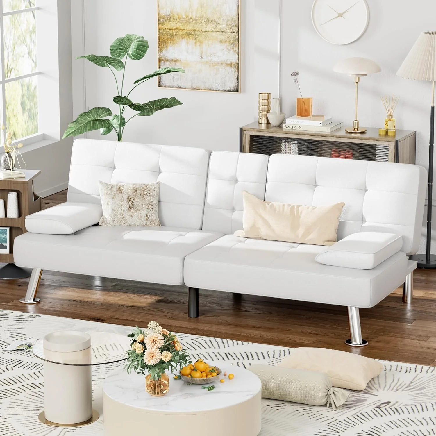 Futon Sofa Bed, Leather Futon Couch with Removable Armrests, Adjustable Recliner Sleeper Sofa Bed with Dual Cup Holders for Living Room, Apartment, Office (Black)