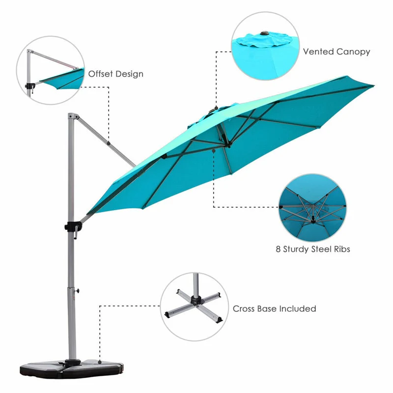 11 FT Patio Offset Cantilever Umbrella 360�� Rotation Tilt with Cross Base & Crank Handle