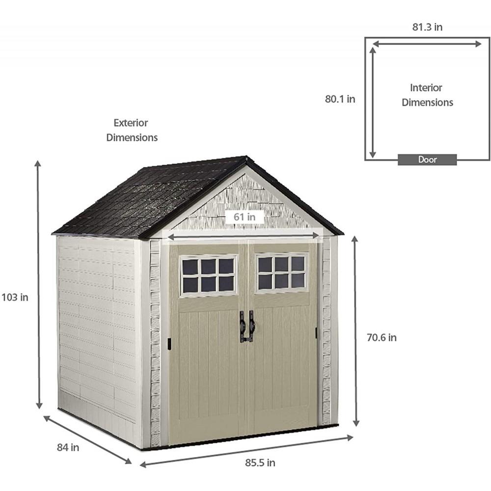 Rubbermaid 7��7 Ft Durable Weather Resistant Resin Outdoor Garden Storage Shed with Windows and Utility Hooks, Sand