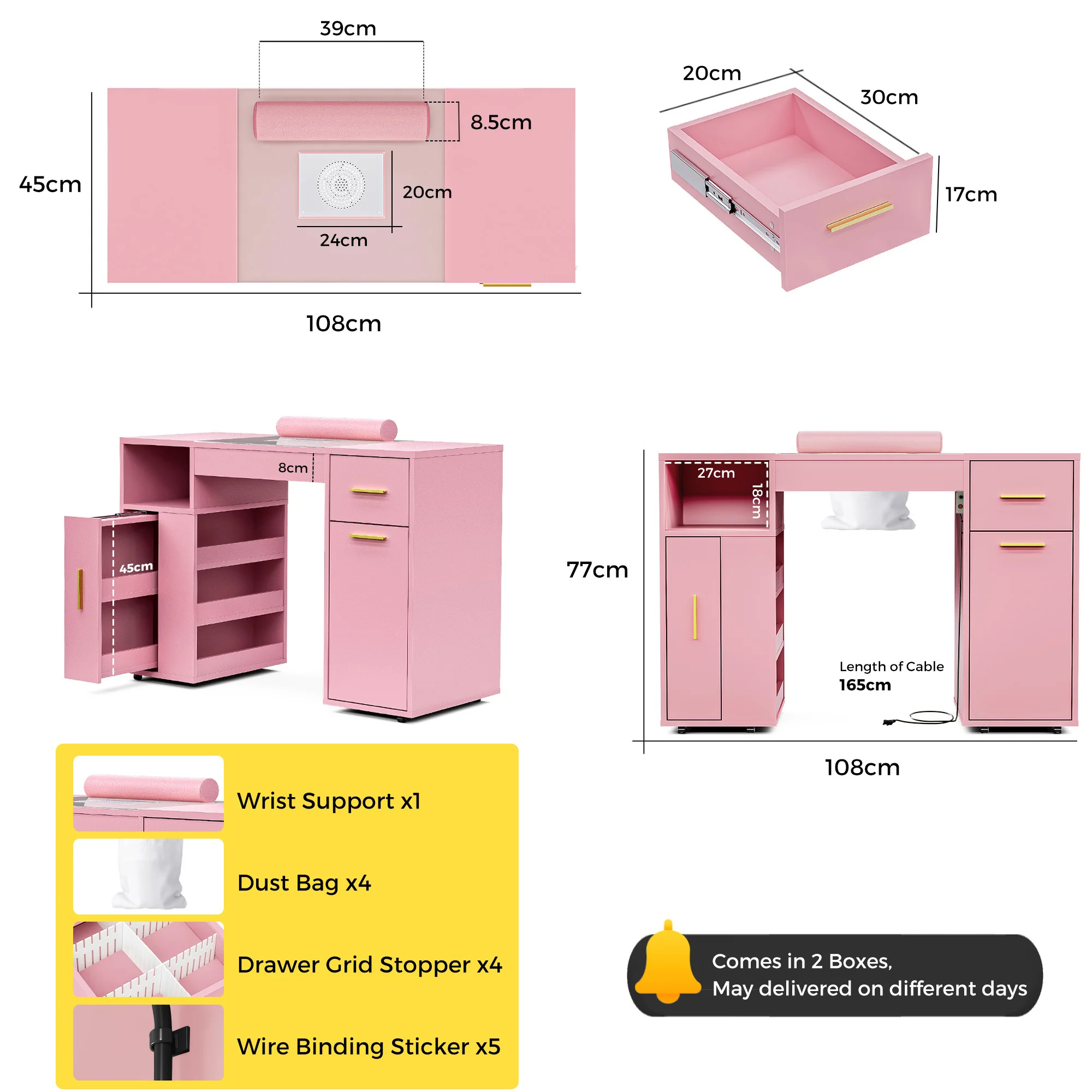 Manicure Table Glass Top w/Dust Collector Pink