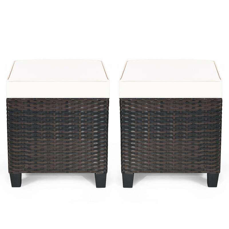 2 Pcs Rattan Patio Ottoman Set with Removable Cushions, All Weather Wicker Outdoor Footstool Footrest Seat