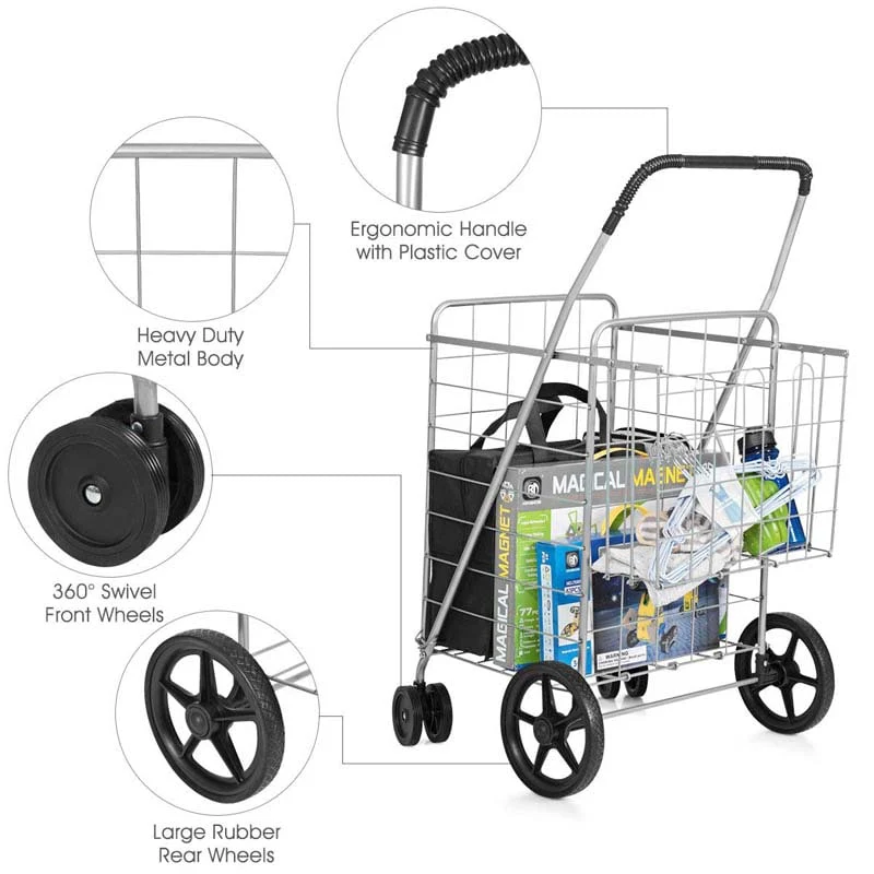Jumbo Folding Shopping Cart Large Rolling Grocery Utility Cart with Double Basket & 360�� Swivel Wheels