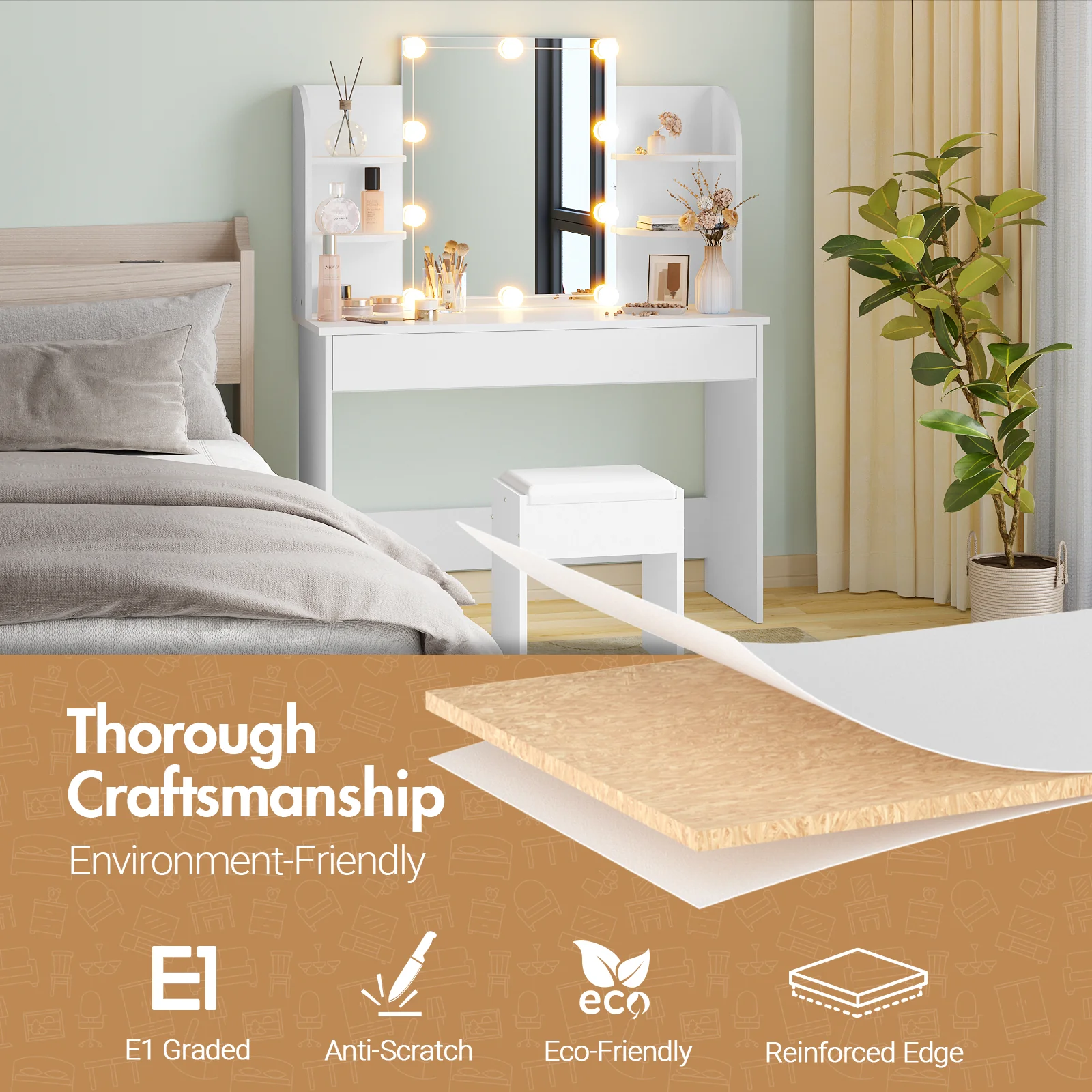 Dressing Table Stool Set 10 LED Bulbs Vanity