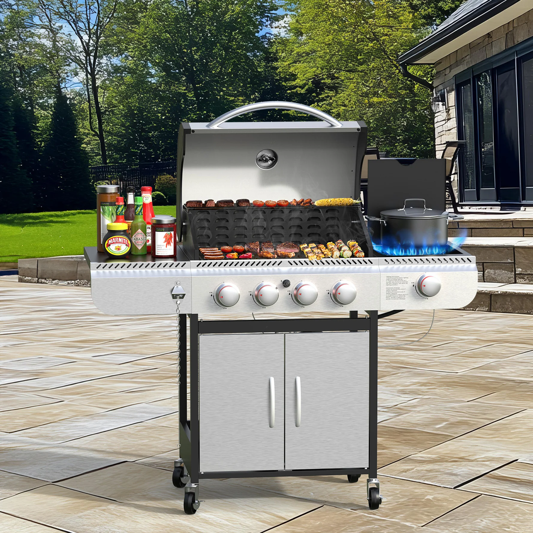 3+1/4+1 Burner Freestanding Propane Gas Grill With Side Burner And Cabinet