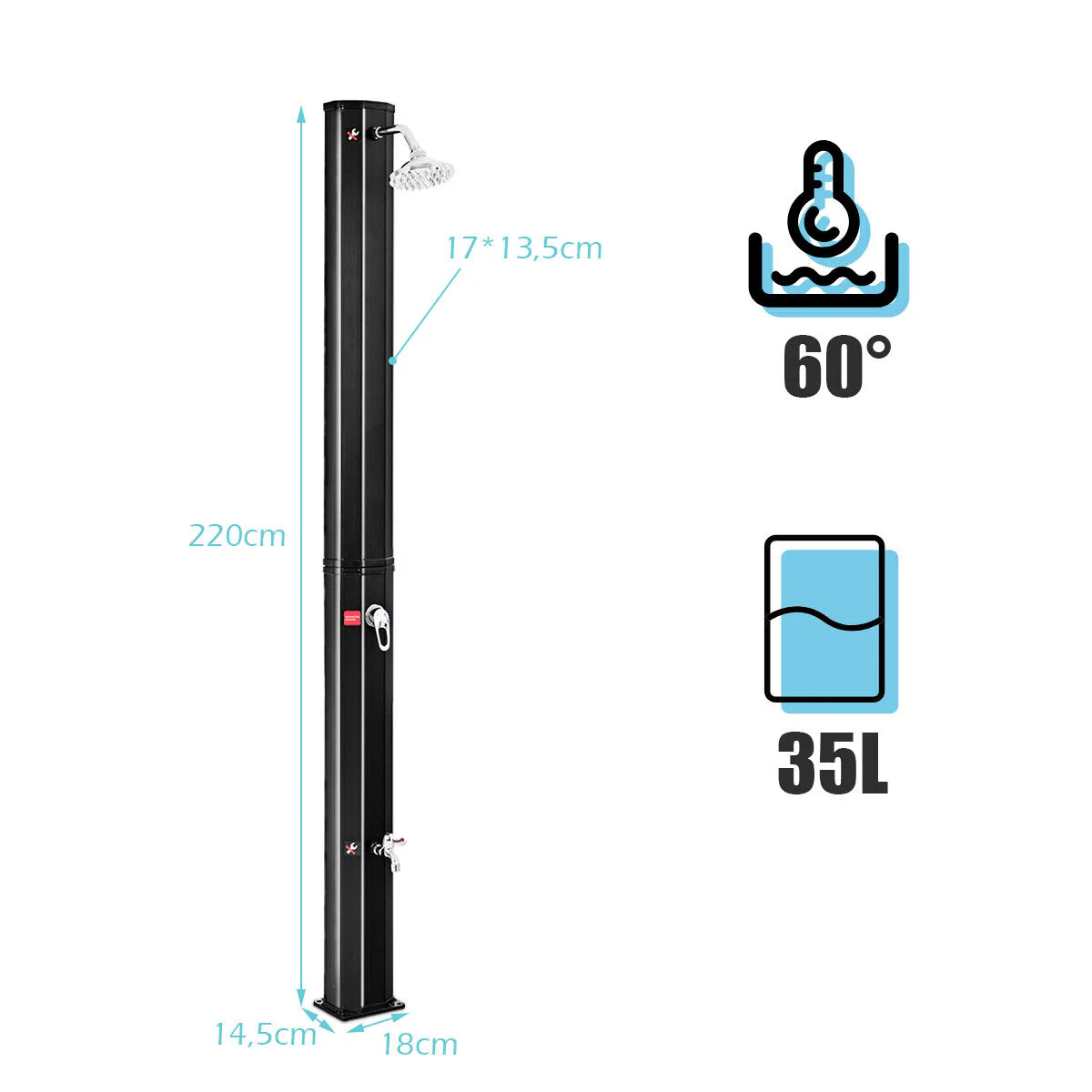 2.2 M 35 L Outdoor Solar Heated Shower 2-Section W/360�� Head & Foot Shower