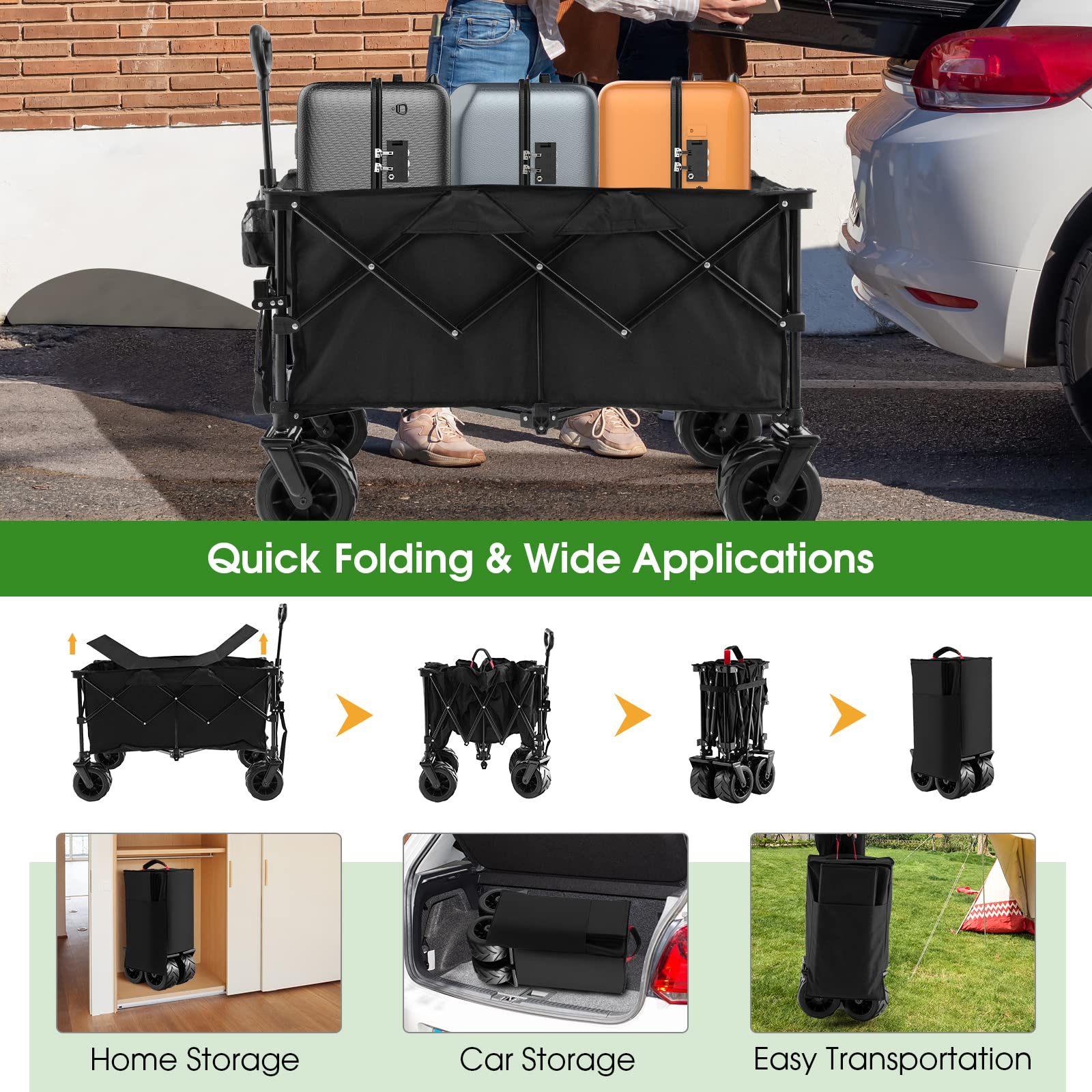 Collapsible Wagon Cart, Foldable Heavy Duty Utility Wagon with Adjustable Handle