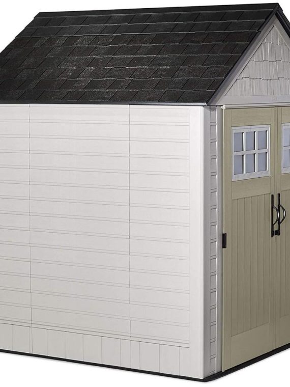 Rubbermaid 7��7 Ft Durable Weather Resistant Resin Outdoor Garden Storage Shed with Windows and Utility Hooks, Sand
