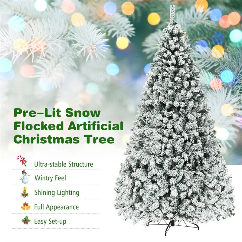 Premium Pre-Lit Snow Flocked Artificial Christmas Tree with Hinged Branch Tips & LED Lights