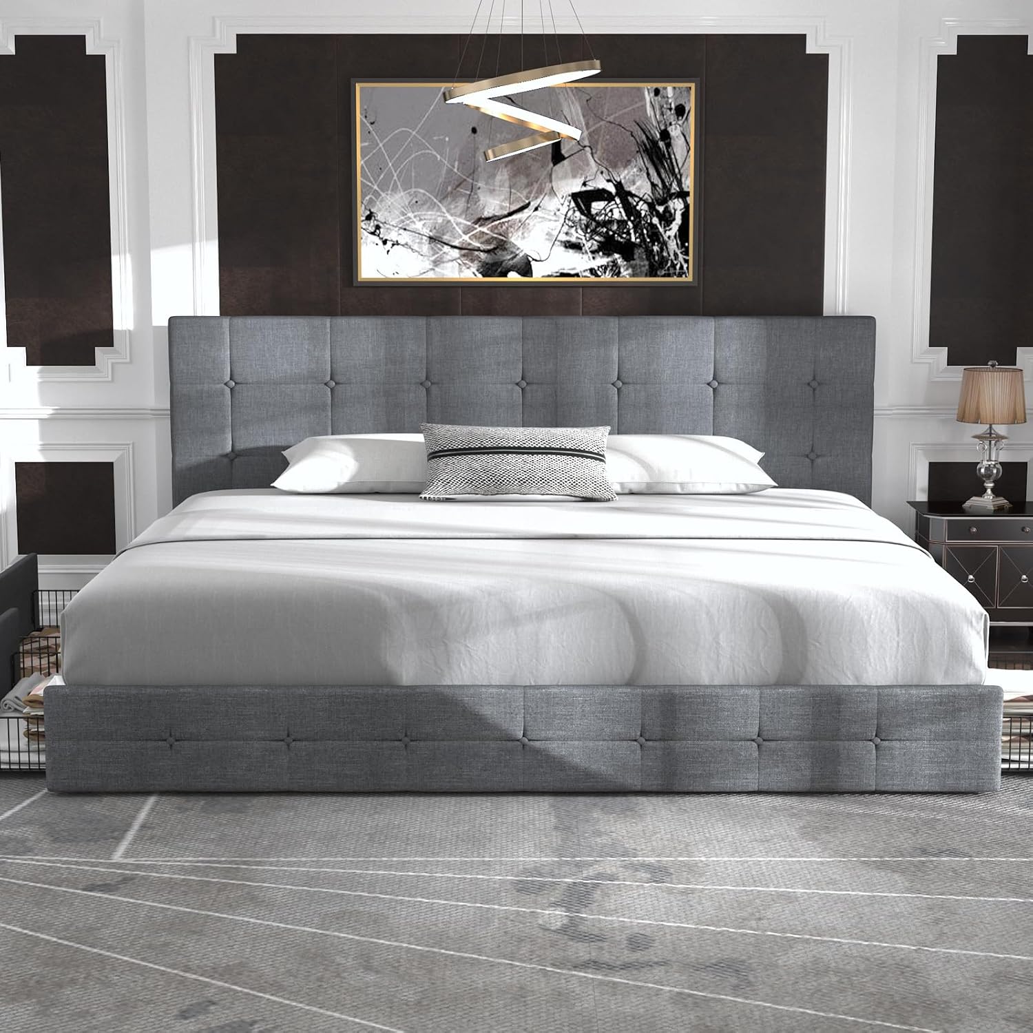 Allewie Upholstered Queen Size Platform Bed Frame with 4 Storage Drawers and Headboard, Square Stitched Button Tufted, Mattress Foundation with Wooden Slats Support, No Box Spring Needed, Light Grey