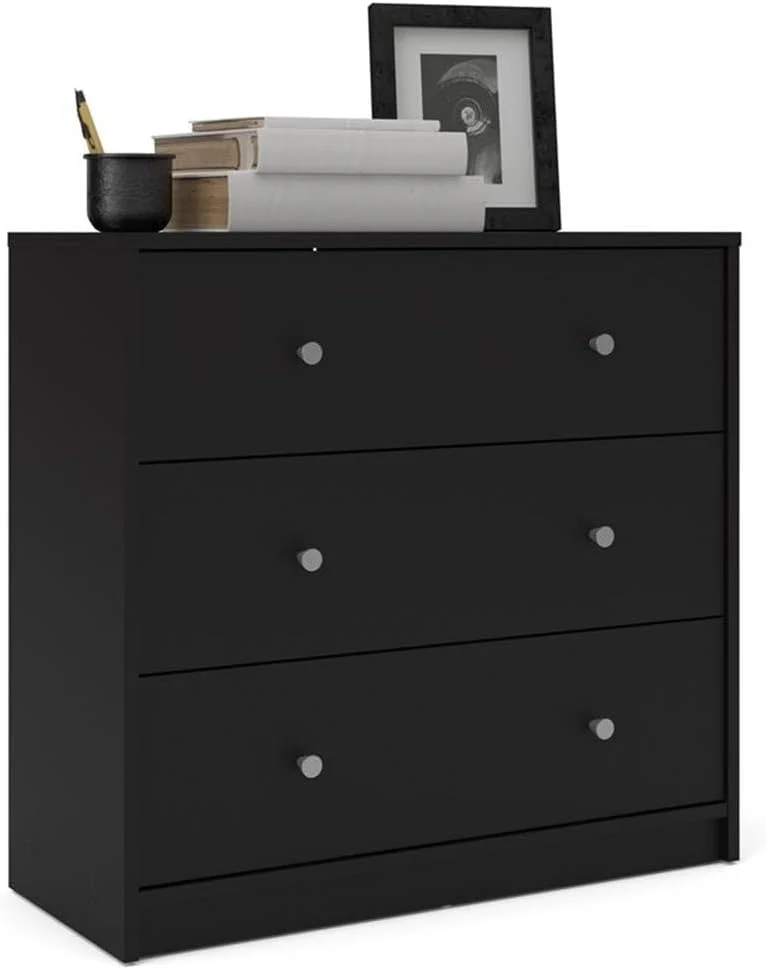 3-Pc Scandinavian Design Engineered Wood Bedroom Furniture Set with 3-Drawer Chest & 6-Drawer Double Dresser & 1-Drawer Nightstand, Pewter Plastic Handles, Smooth Plastic Glides, in Black