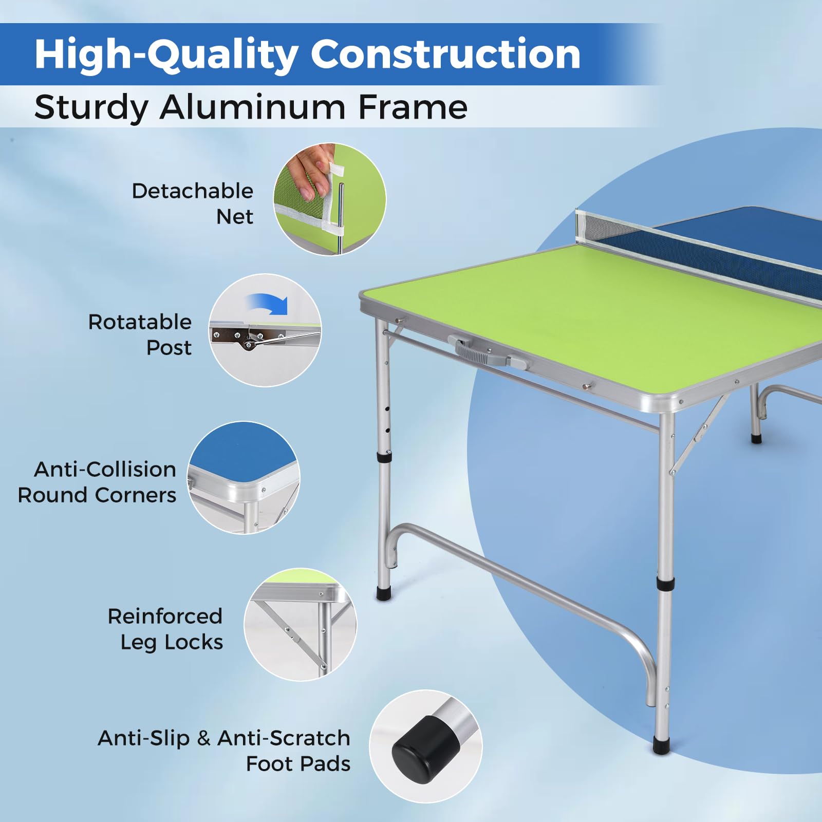 Foldable Ping Pong Table, 100% Preassembled, Table Tennis Table with Net, 2 Paddles( Blue&Green-47'' )