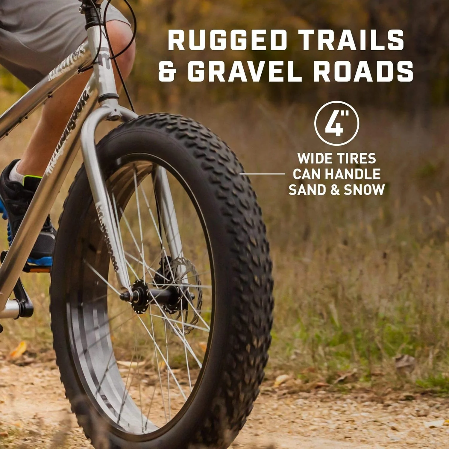 Malus Mens and Women Fat Tire Mountain Bike, 26-Inch Bicycle Wheels, 4-Inch Wide Knobby Tires, Steel Frame, 7 Speed Drivetrain, Shimano Rear Derailleur, Disc Brakes