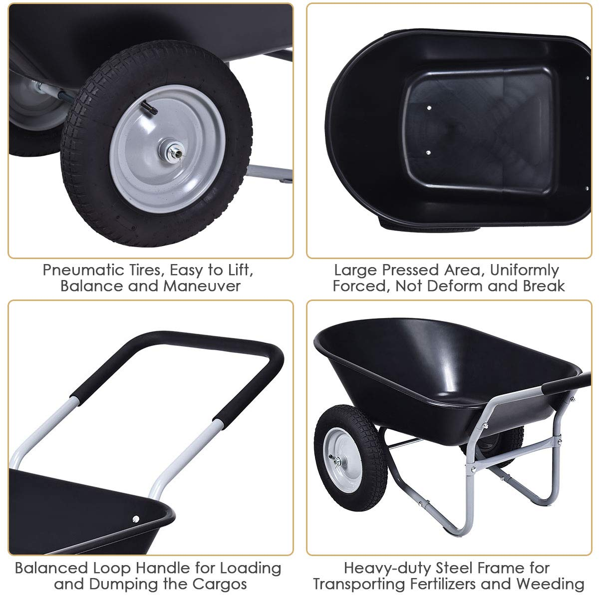 Dual Wheel Wheelbarrow, Heavy Duty Garden Cart, 330 lbs Capacity Utility Cart