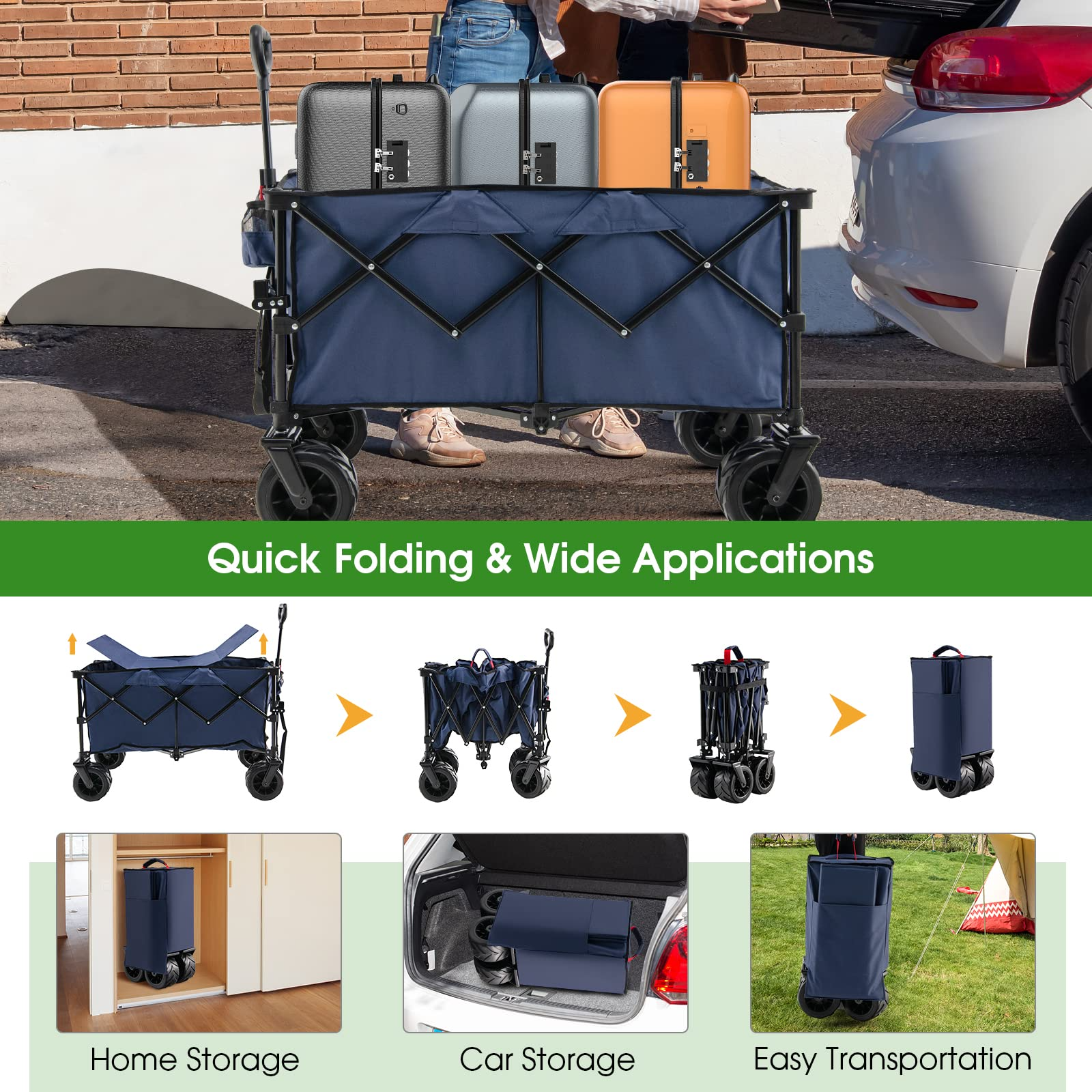 Collapsible Wagon Cart, Foldable Heavy Duty Utility Wagon with Adjustable Handle