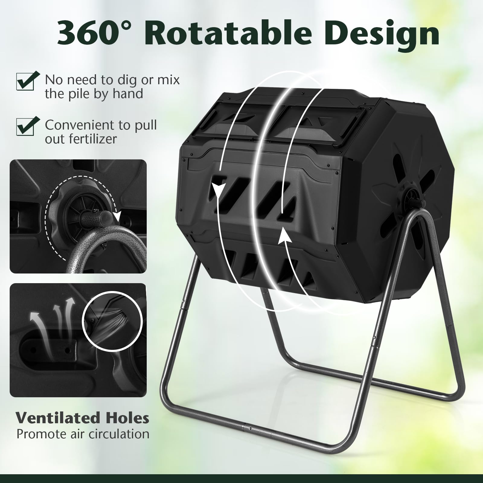 Compost Bin, 42-Gal Dual Chamber Composting Tumbler w/2 Sliding Doors, Heavy-Duty Metal Frame