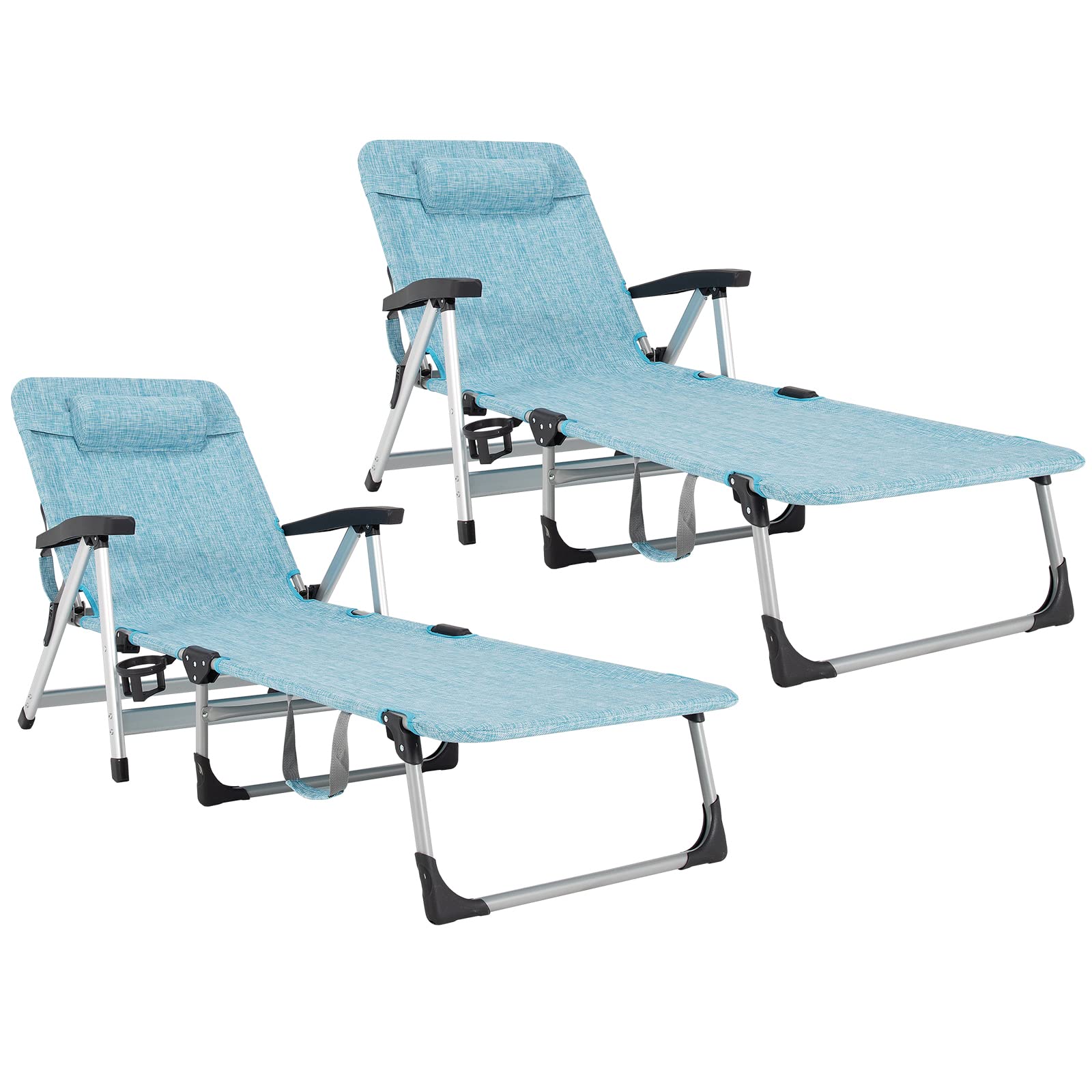 Chaise Lounge Chair, Folding Outdoor Patio Lounger with Cup Holder & Detachable Headrest