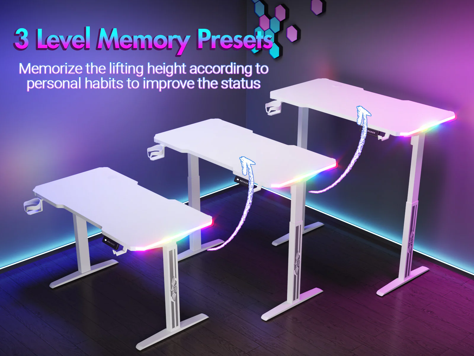 Electric Standing Gaming Desk RGB LED White