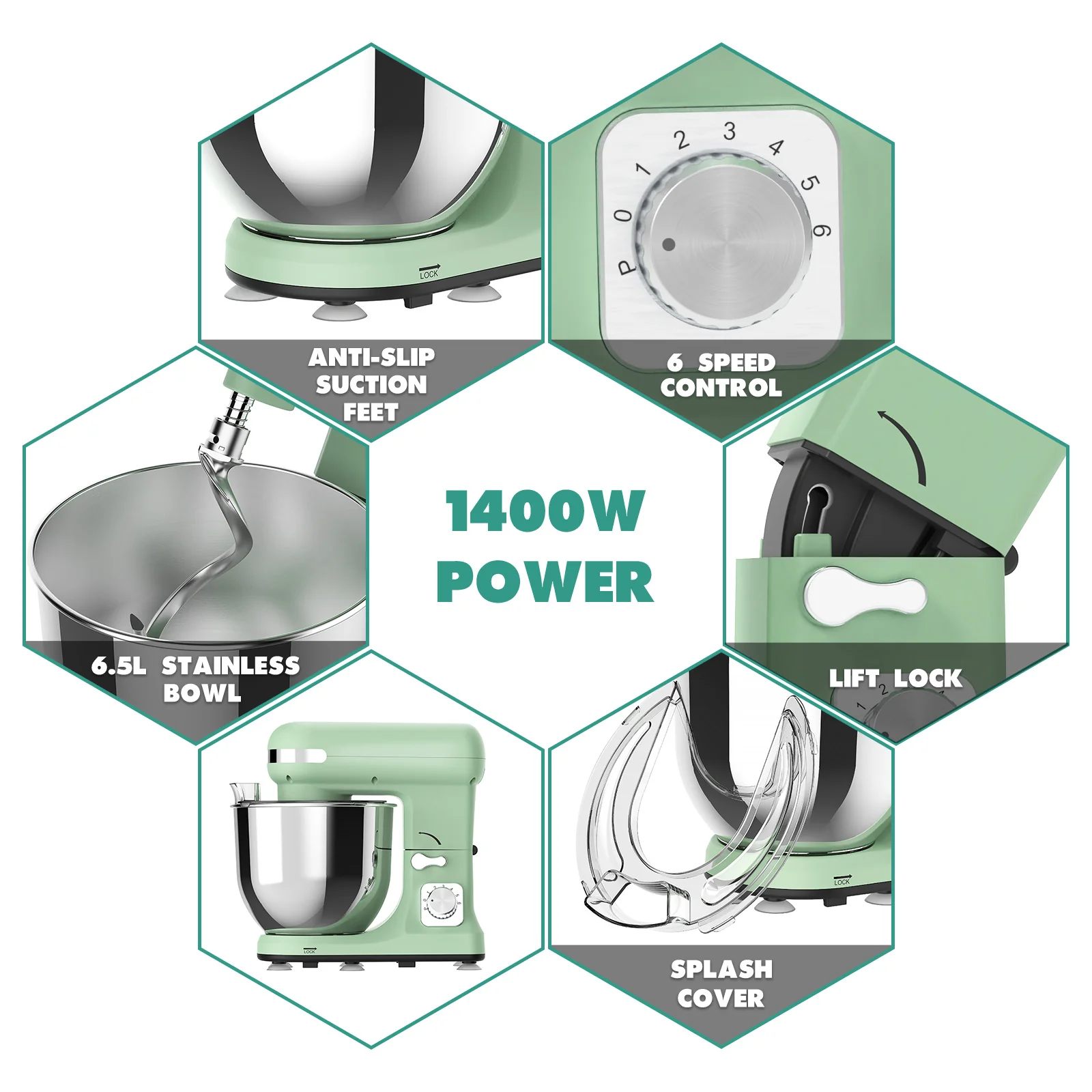 6.5L 1400W Stand Mixer 6-Speed Green