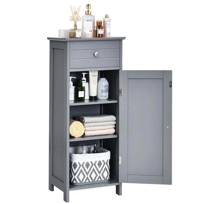Free-Standing Wooden Floor Storage Cabinet w/Large Drawer & 2 Adjustable Shelves, Morden Side Storage Bathroom Organizer Cabinet