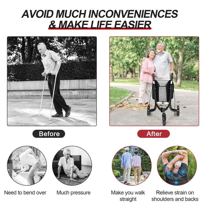 3-Wheel Folding Rollator Walker with Shopping Bag, Lightweight Aluminum Mobility Walking Aid