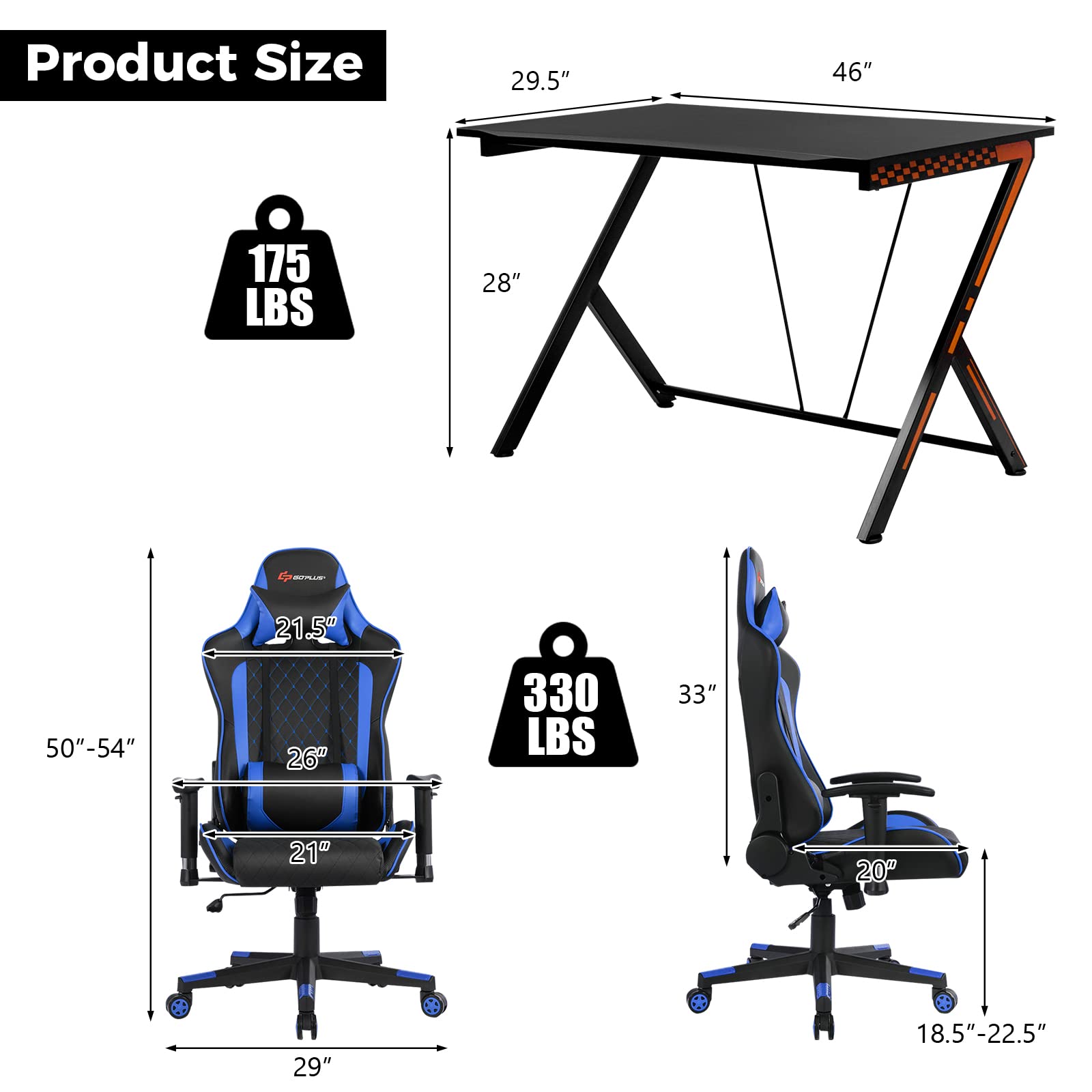 Gaming Desk & Chair Combo Set, Racing Style Home Office Gamer Workstation w/Massage Lumbar Support & Headrest