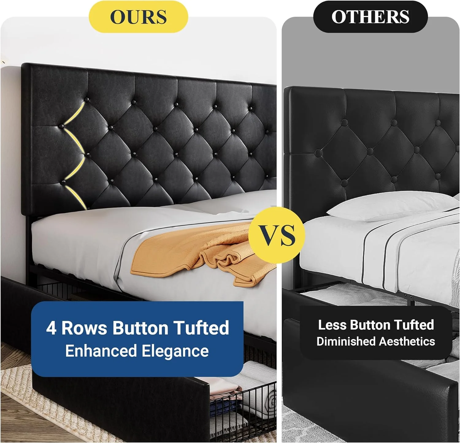 Allewie Upholstered Queen Size Platform Bed Frame with 4 Storage Drawers and Headboard, Square Stitched Button Tufted, Mattress Foundation with Wooden Slats Support, No Box Spring Needed, Light Grey