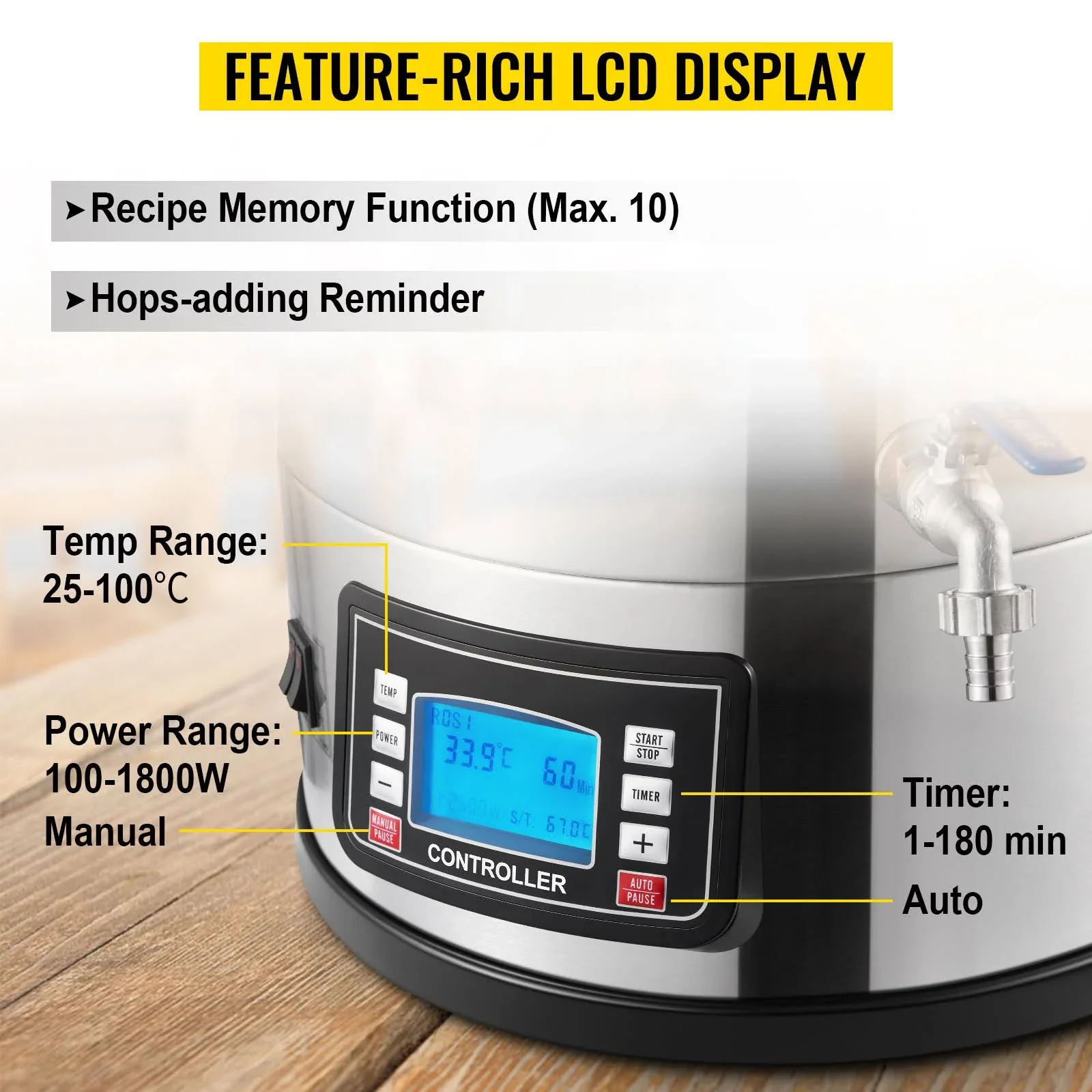 VEVOR Electric Brewing System 9.2 Gal/35 L Brewing Pot All-in-One Home Beer Brewer w/Pump - 9.6Gal