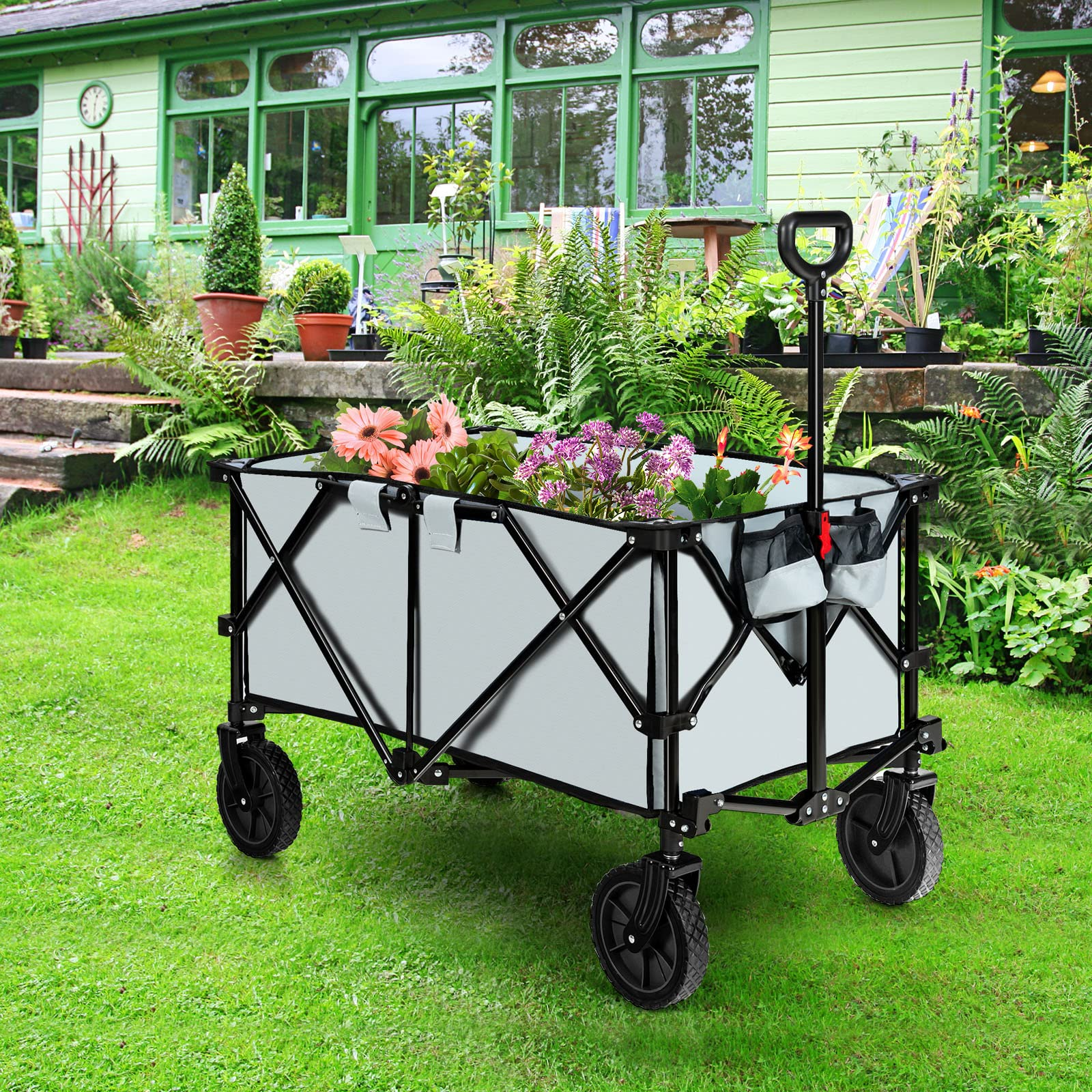 Collapsible Wagon, Folding Utility Wagon Cart w/Universal Wheels & Adjustable Handle & Cover Bag