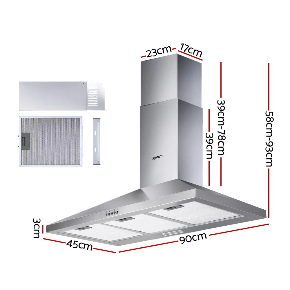 Devanti 900mm Range Hood 90cm Rangehood Stainless Steel