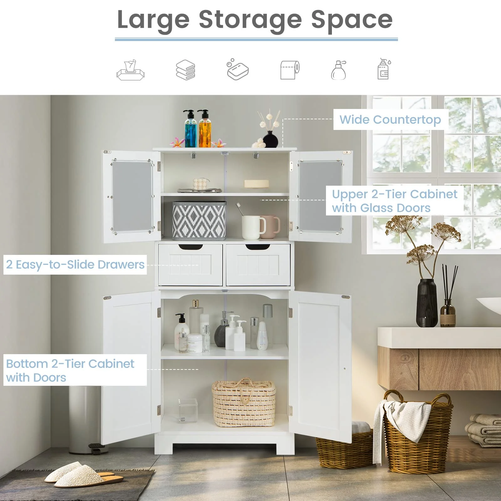 Giantex Floor Storage Cabinet with 4 Doors, Freestanding Bathroom Cabinet with 2 Glass Doors, White